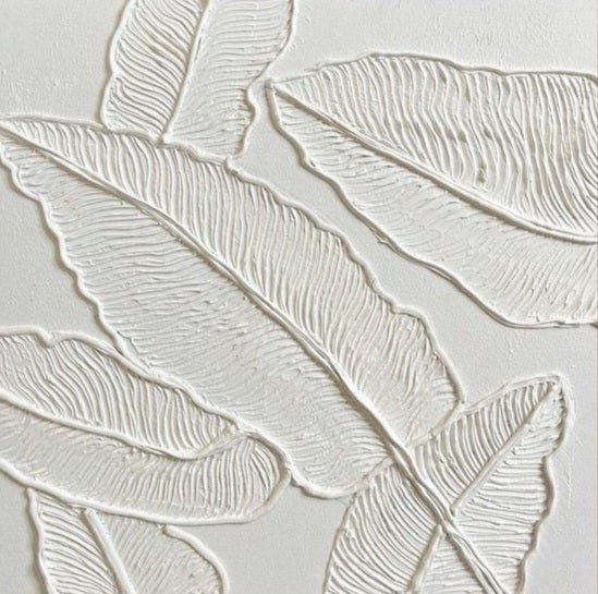 Minimalist white leaves ,Original abstract relief ,With wooden frame and acrylic paint ,Boho textured wall
