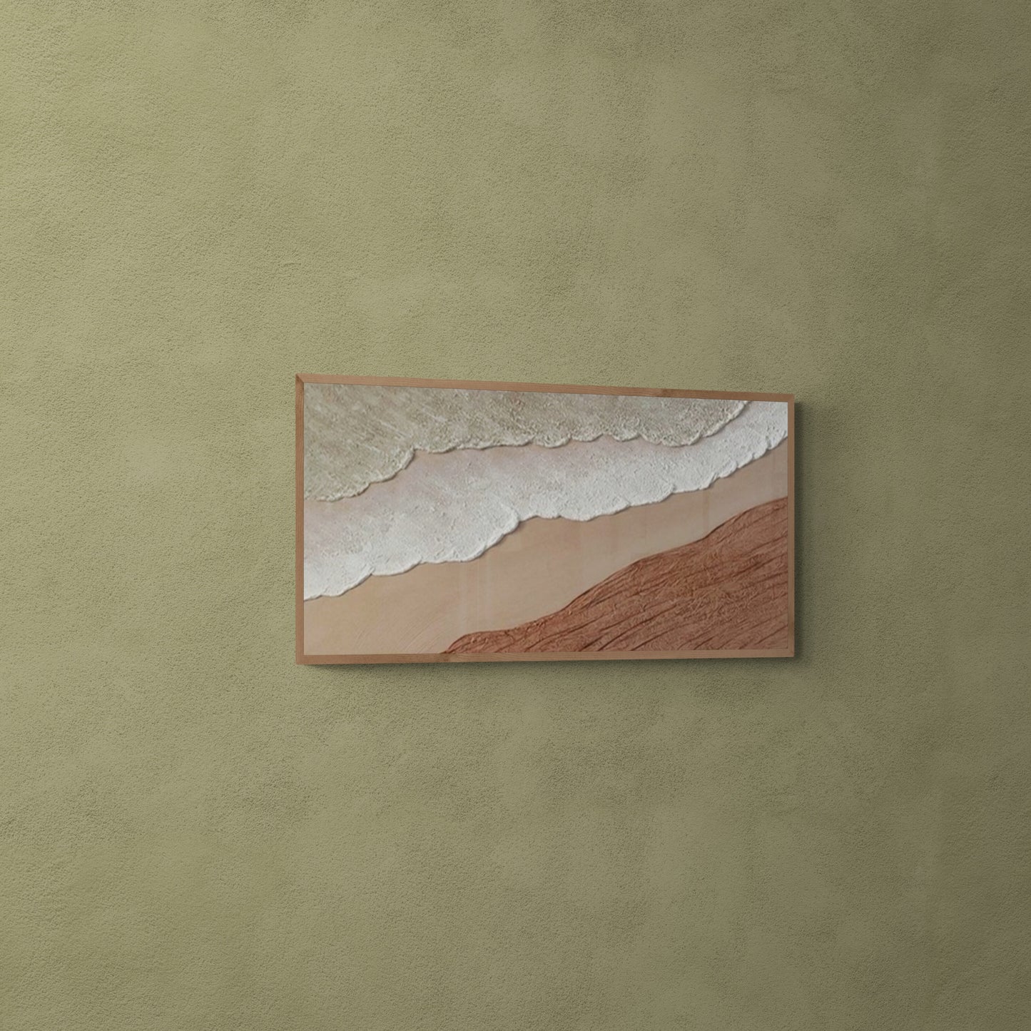 3D texture ,With wooden frame and acrylic paint ,White ocean wave ,Brown coastal wall decor ,Plaster art texture ,Sea beach relief