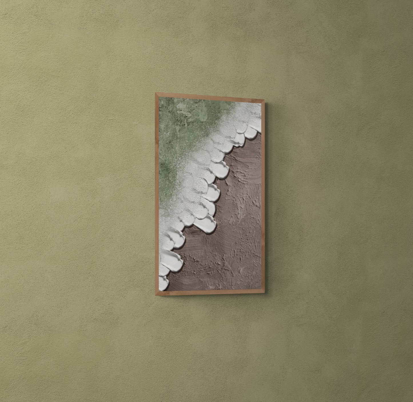 Heavy relief art green ocean wave brown coastal wall decor ,Abstract handmade wall art , With wooden frame and acrylic paint