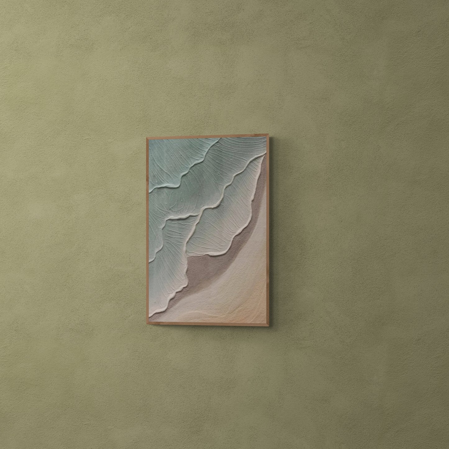 Heavy relief art ,Green ocean wave ,Brown coastal wall decor ,Abstract handmade wall art ,With wooden frame and acrylic paint