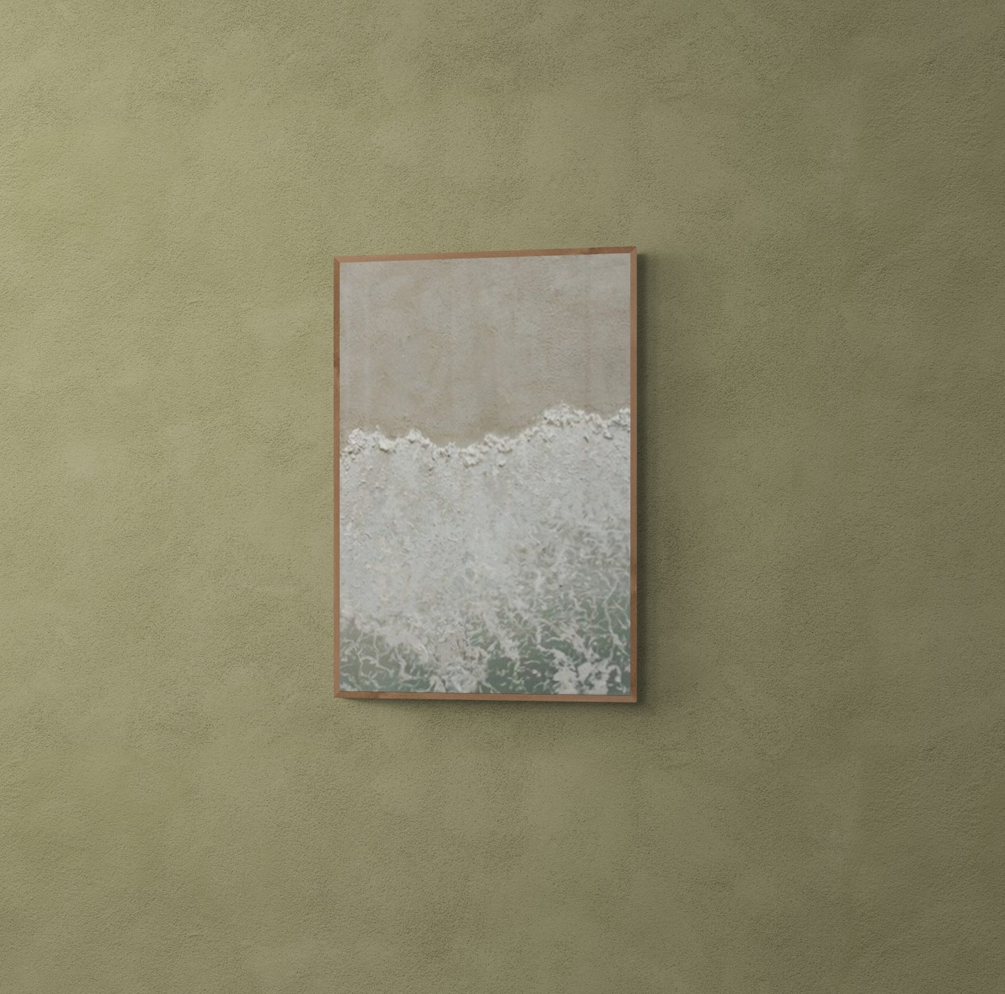 Heavy relief art ,Green and White ocean wave ,Brown coastal wall decor , Abstract handmade wall art ,With wooden frame and acrylic paint