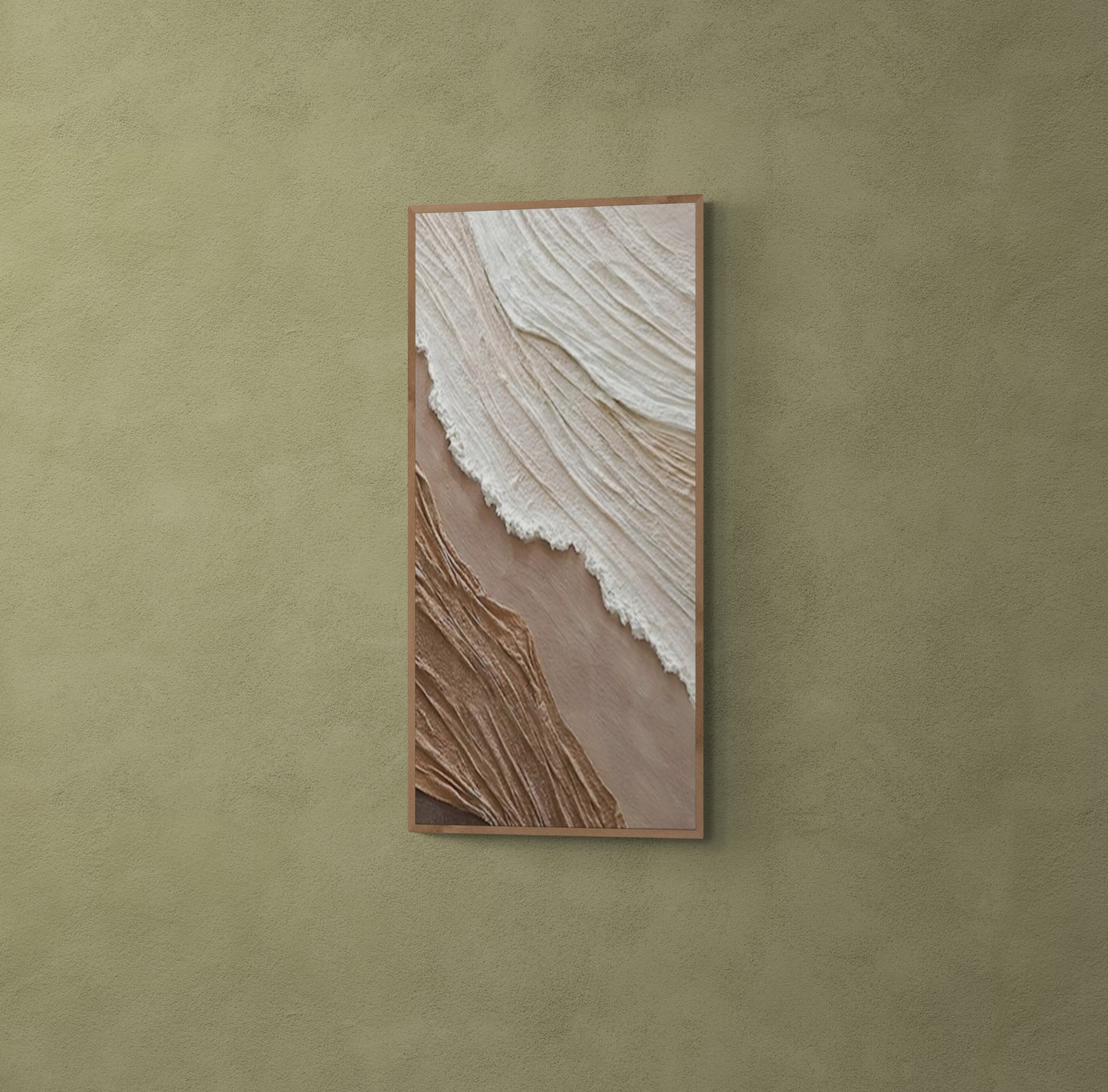 3D texture ,With wooden frame and acrylic paint ,White ocean wave ,Brown coastal wall decor ,Plaster art texture ,Sea beach relief