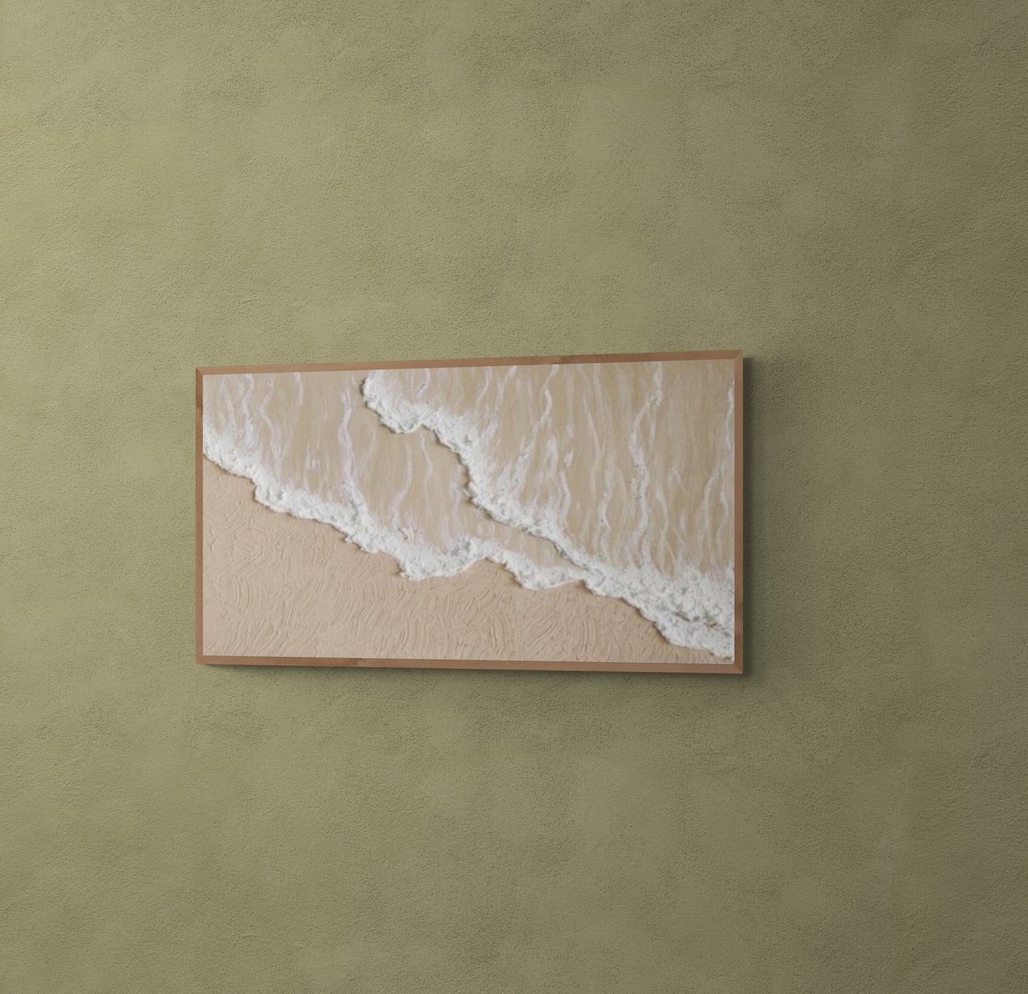 3D texture ,With wooden frame and acrylic paint ,White ocean wave ,Brown coastal wall decor ,Plaster art texture ,Sea beach relief