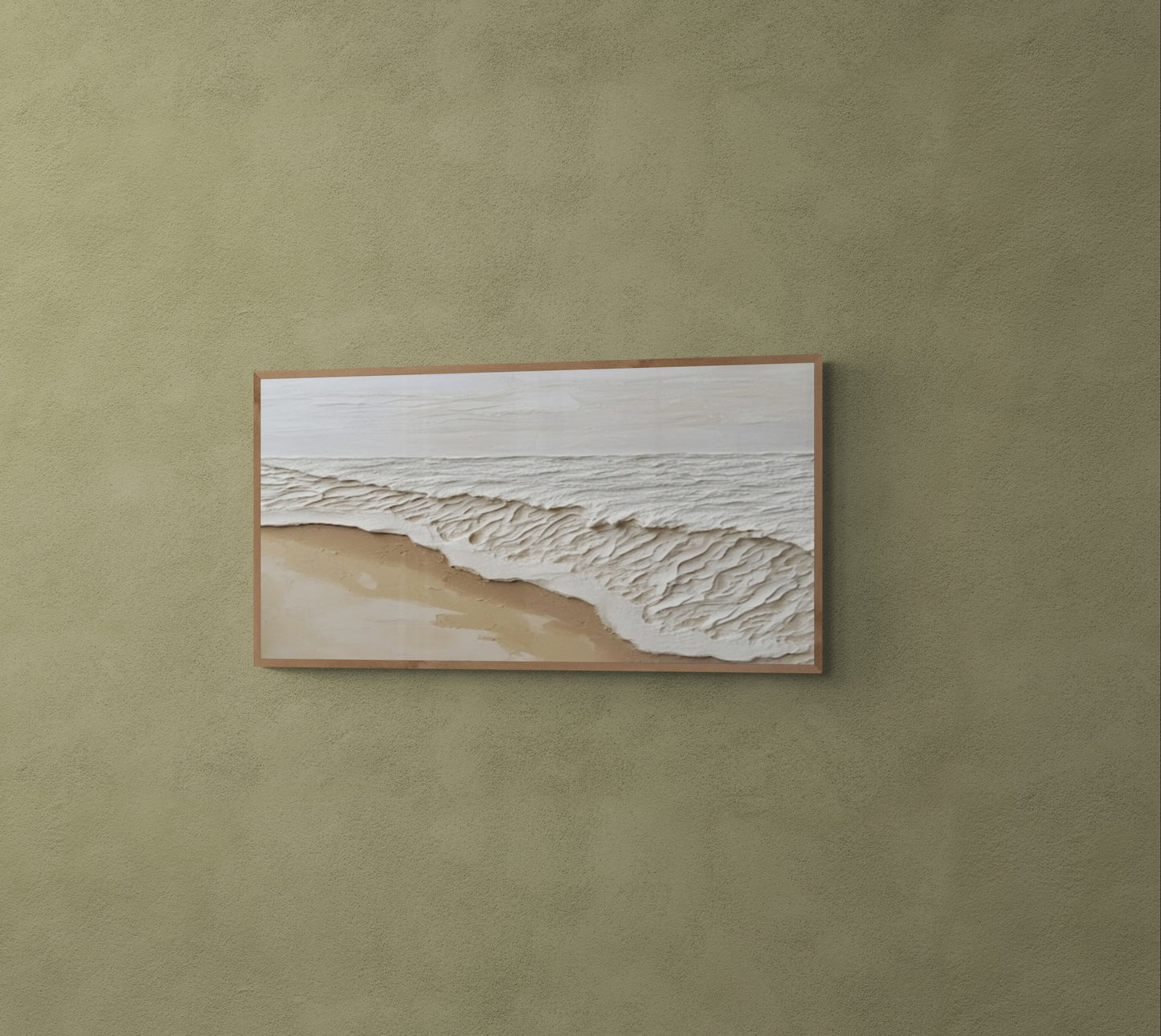 Original abstract relief ,Minimal art texture, With wooden frame and acrylic paint, Ocean wave landscape ,White ocean wave ,Brown coastal