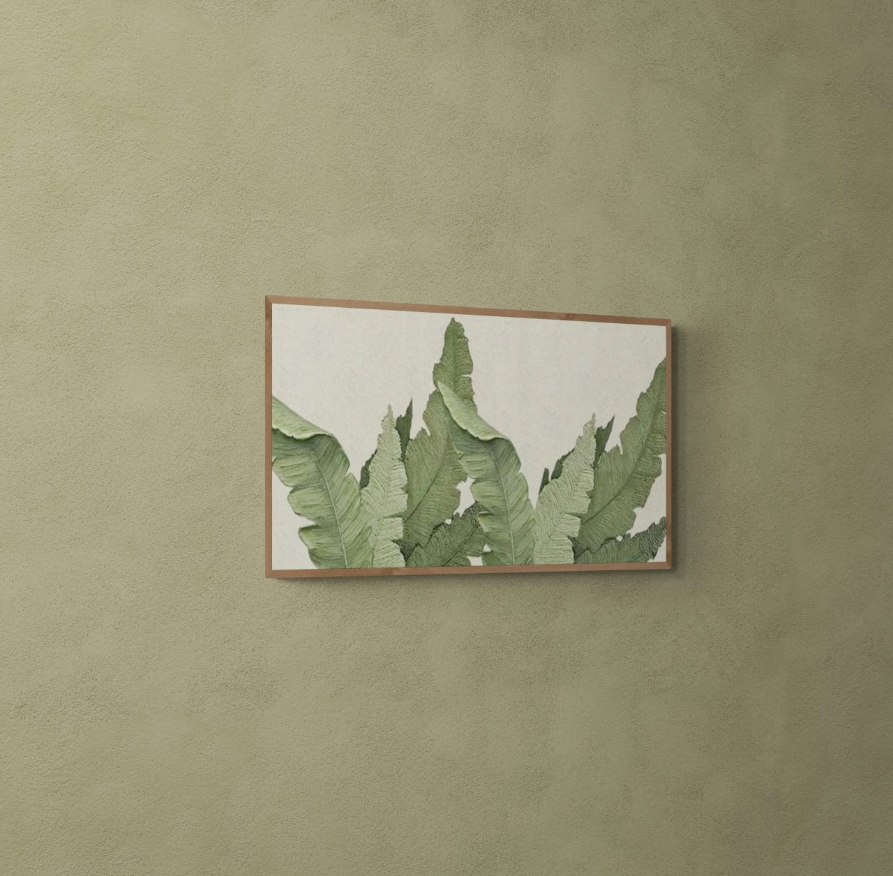 Minimalist green leaves ,Original abstract relief ,With wooden frame and acrylic paint ,Boho textured wall