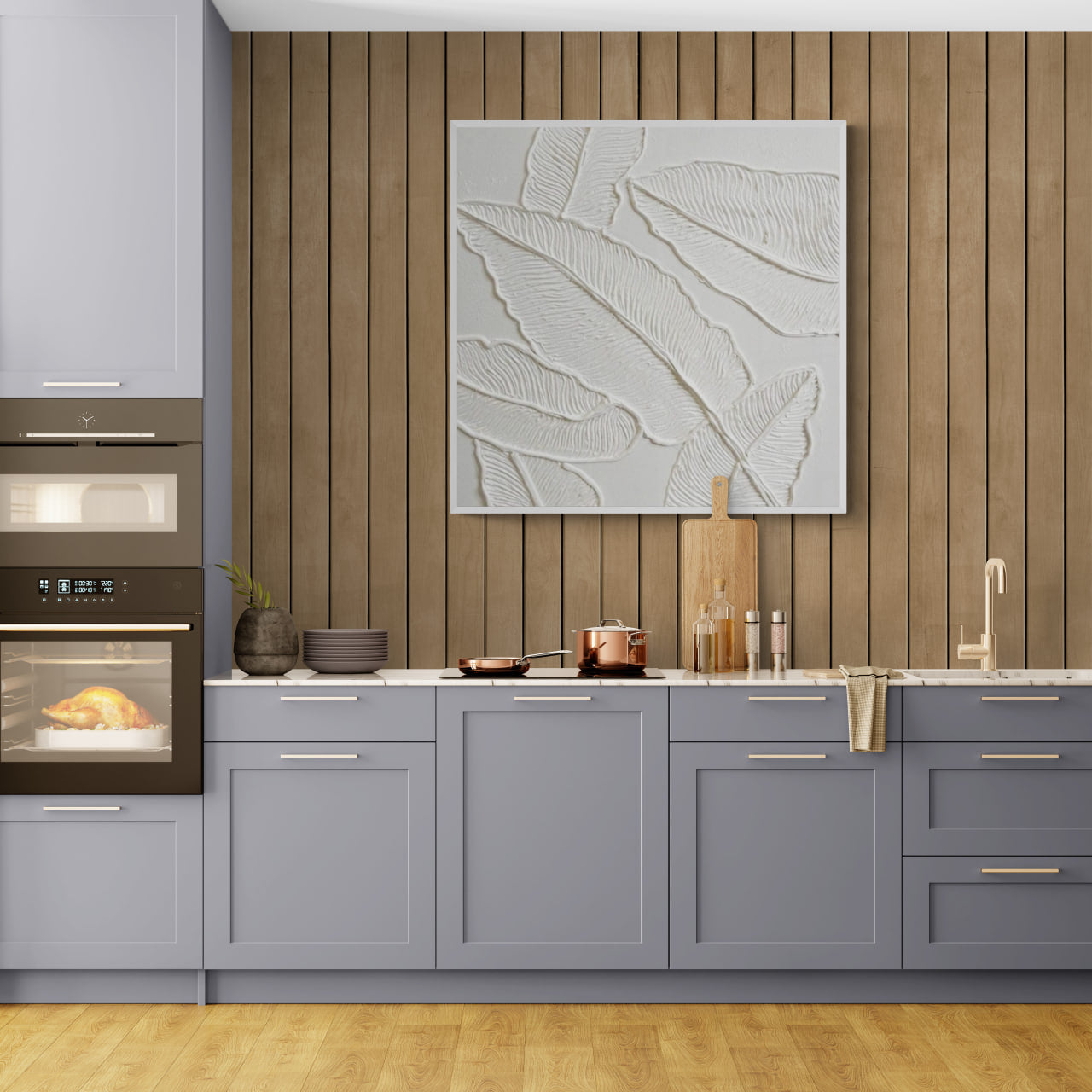 Minimalist white leaves ,Original abstract relief ,With wooden frame and acrylic paint ,Boho textured wall