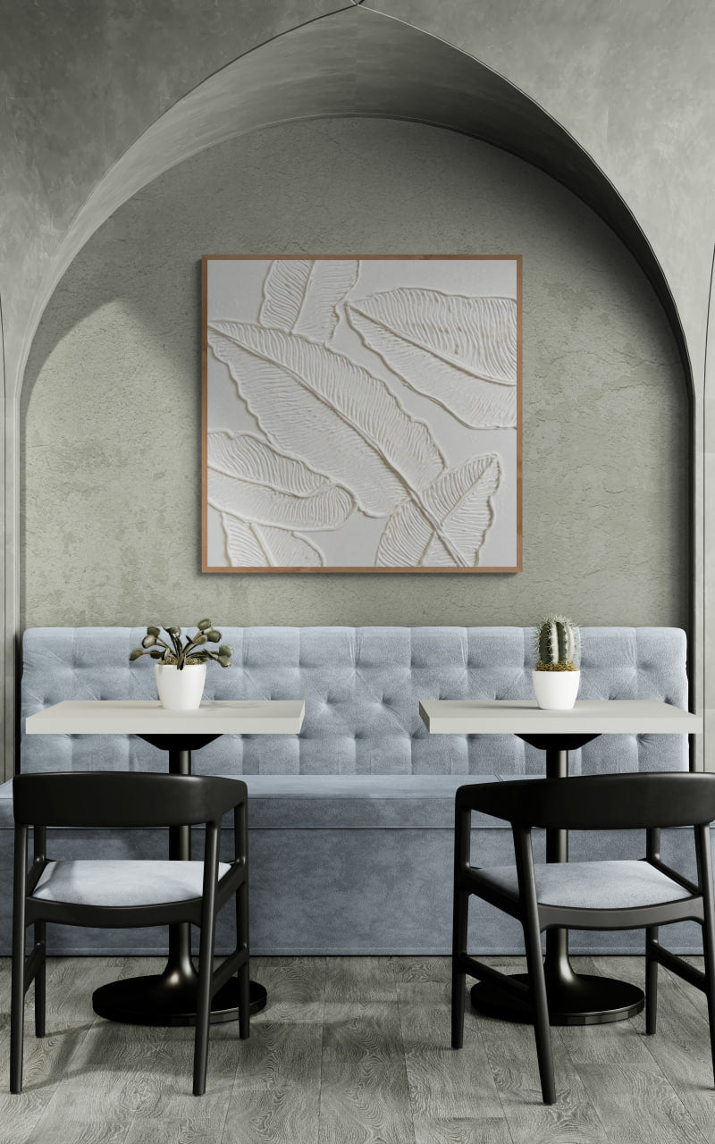 Minimalist white leaves ,Original abstract relief ,With wooden frame and acrylic paint ,Boho textured wall