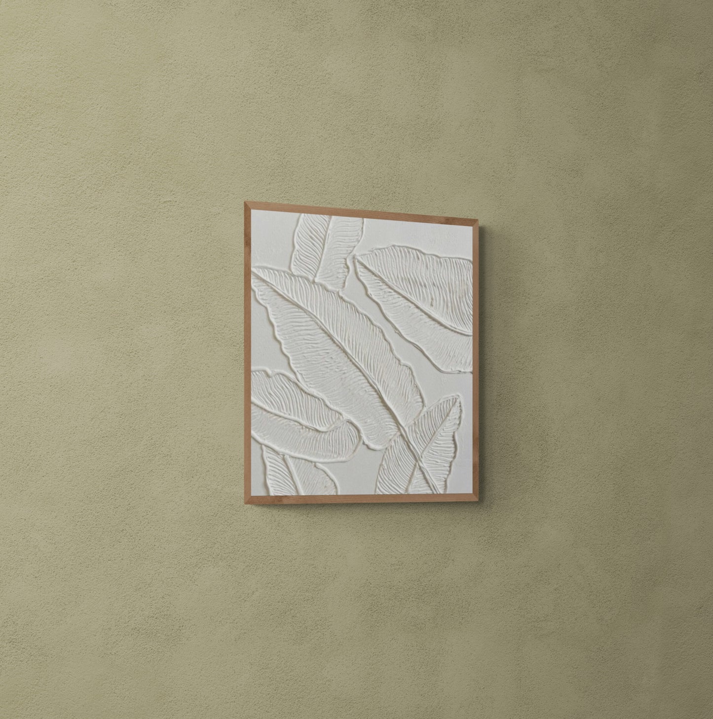 Minimalist white leaves ,Original abstract relief ,With wooden frame and acrylic paint ,Boho textured wall
