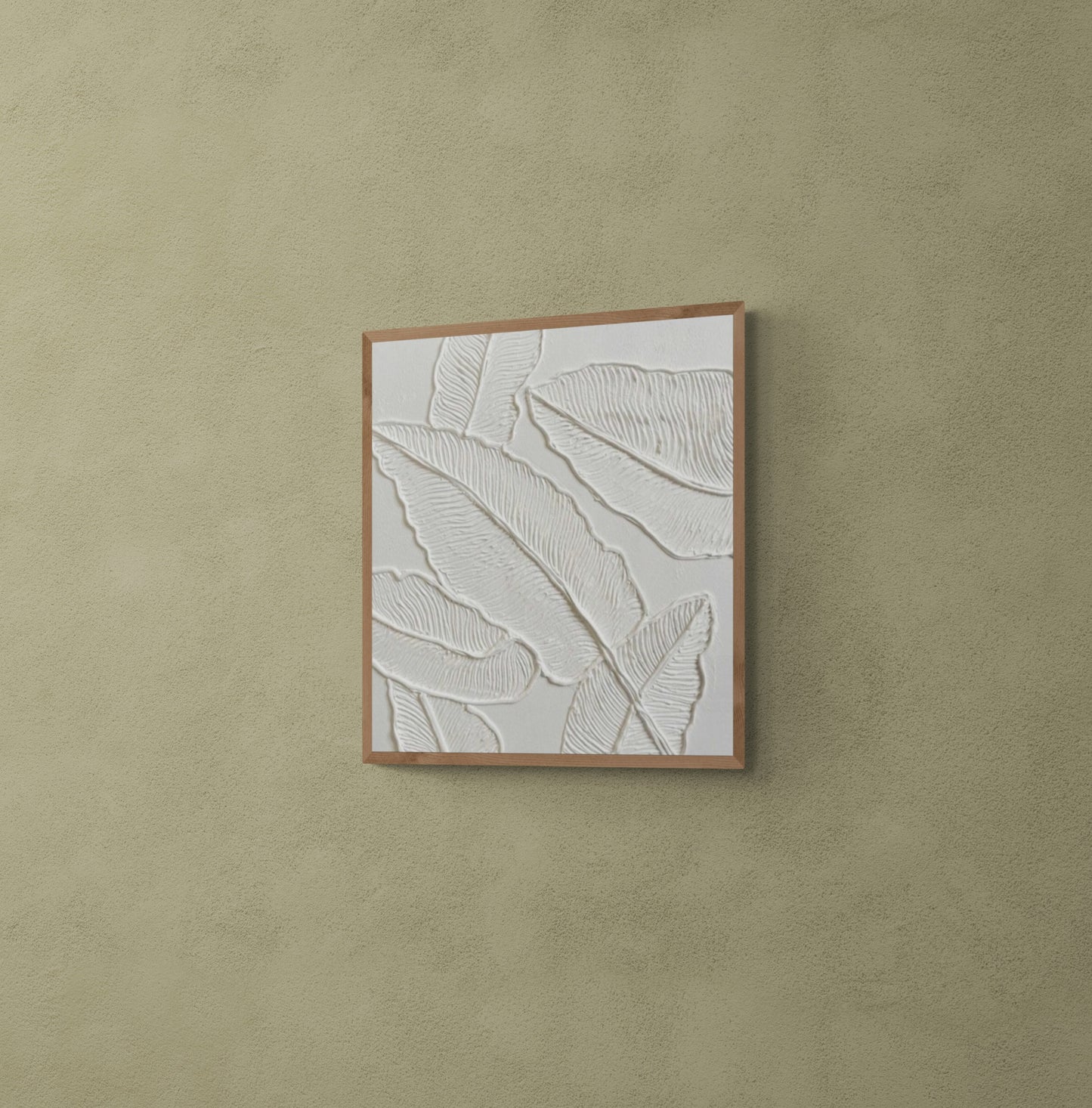 Minimalist white leaves ,Original abstract relief ,With wooden frame and acrylic paint ,Boho textured wall