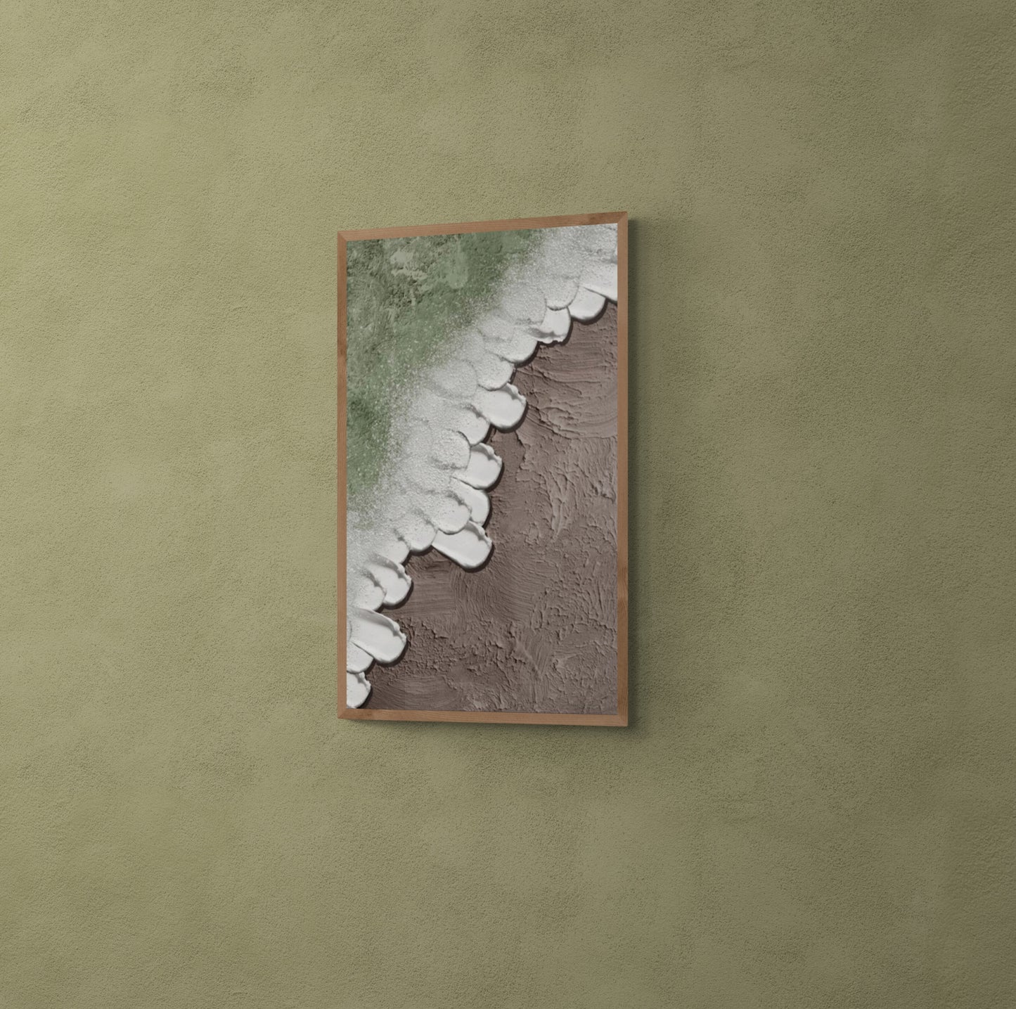 Heavy relief art green ocean wave brown coastal  wall decor ,Abstract handmade wall art , With wooden frame and acrylic paint