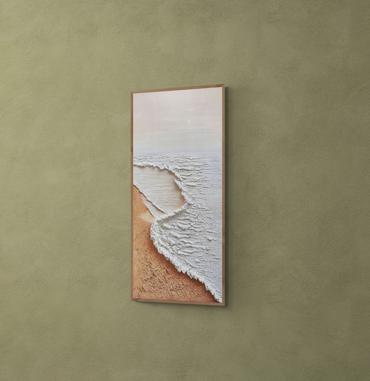 Original abstract relief ,Minimal art texture, With wooden frame and acrylic paint, Ocean wave landscape ,White ocean wave ,Brown coastal
