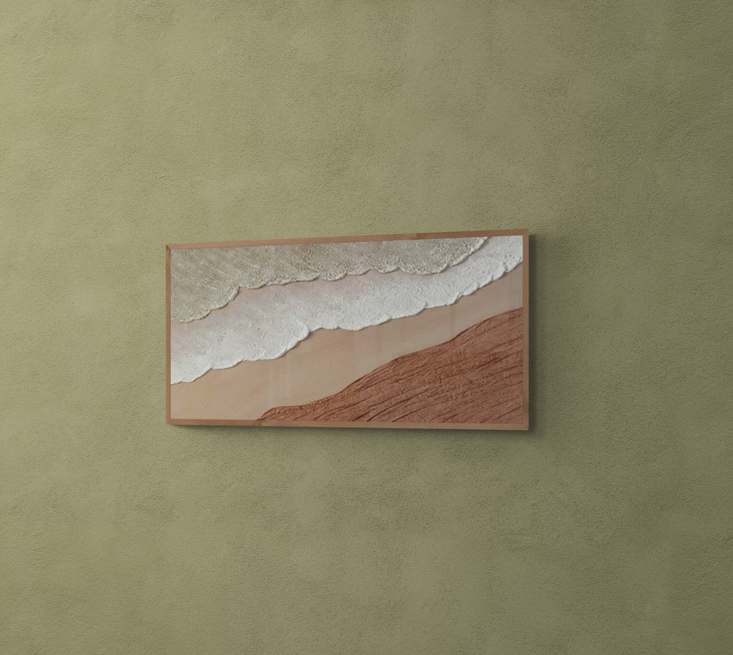 3D texture ,With wooden frame and acrylic paint ,White ocean wave ,Brown coastal  wall decor ,Plaster art texture ,Sea beach relief