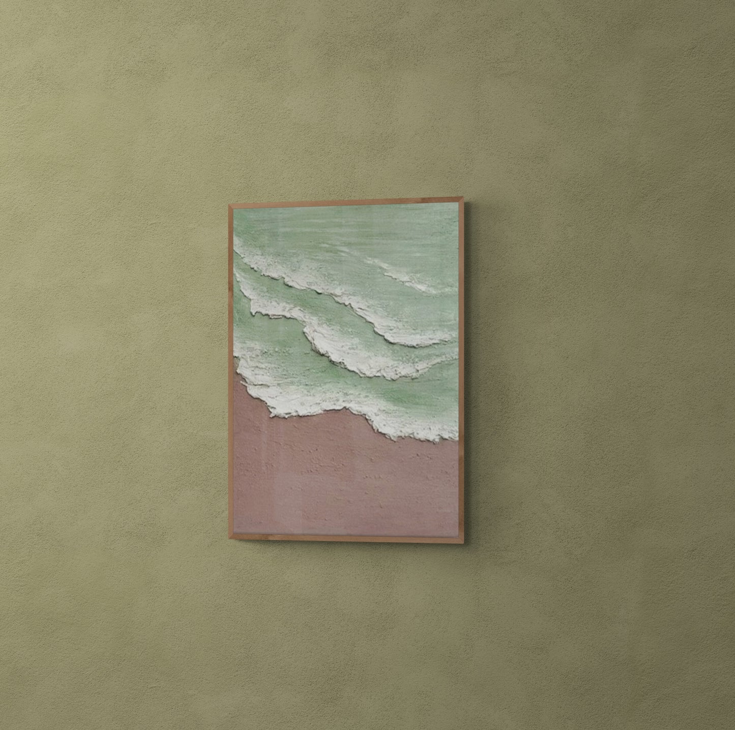 Heavy relief art ,Green ocean wave ,Brown ,coastal wall decor ,Abstract handmade wall art ,With wooden frame and acrylic paint
