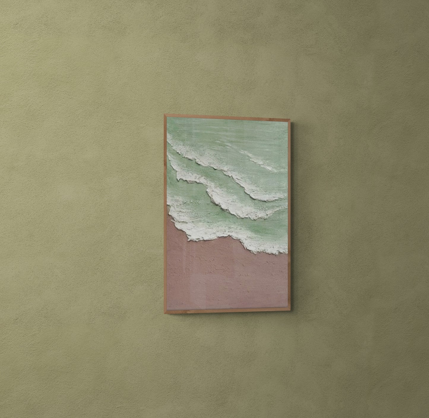 Heavy relief art ,Green ocean wave ,Brown ,coastal wall decor ,Abstract handmade wall art ,With wooden frame and acrylic paint