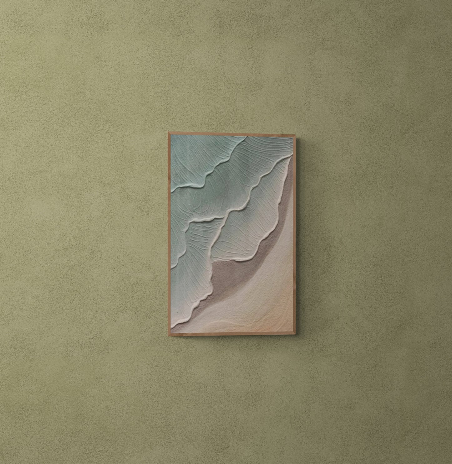 Heavy relief art ,Green ocean wave ,Brown coastal  wall decor ,Abstract handmade wall art ,With wooden frame and acrylic paint
