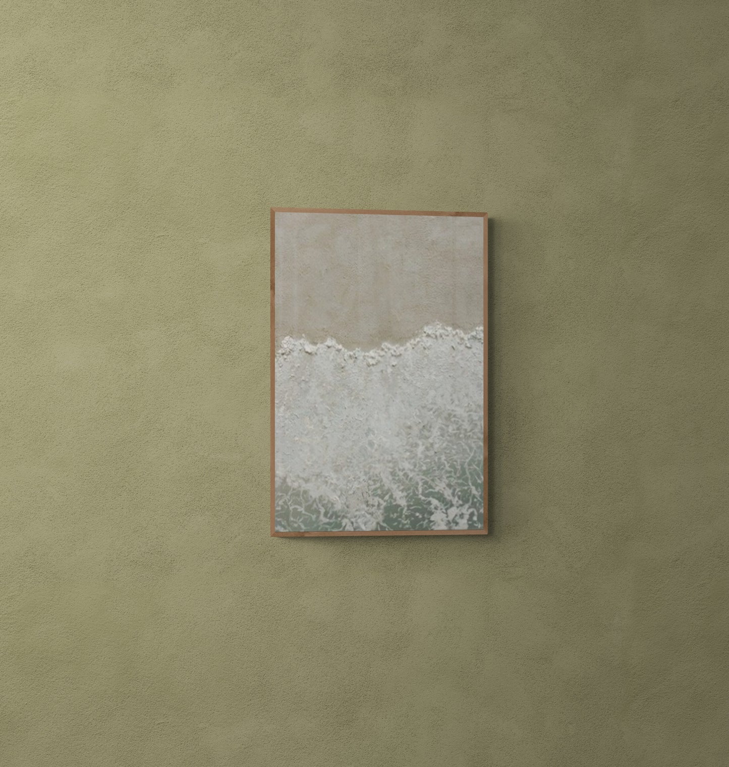 Heavy relief art ,Green and White ocean wave ,Brown coastal  wall decor , Abstract handmade wall art ,With wooden frame and acrylic paint