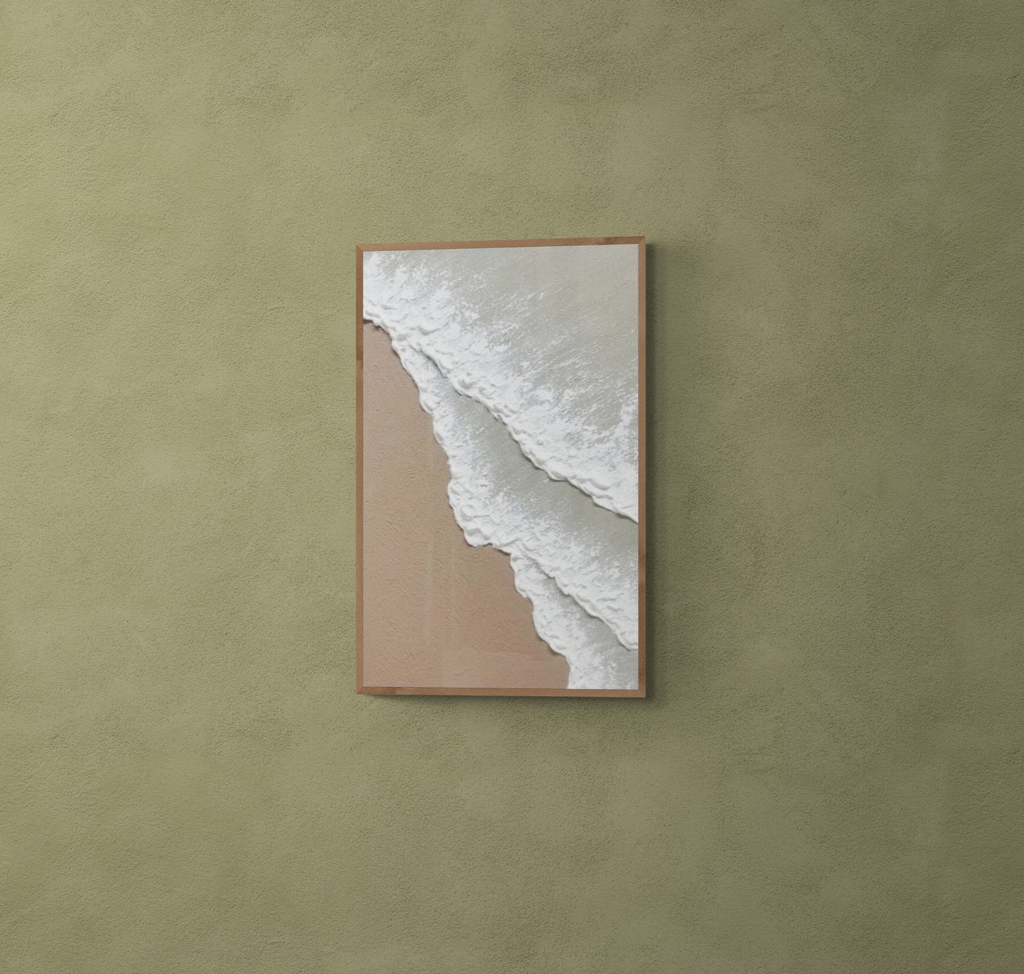 3D texture ,With wooden frame and acrylic paint ,White ocean wave ,Brown coastal  wall decor ,Plaster art texture ,Sea beach relief