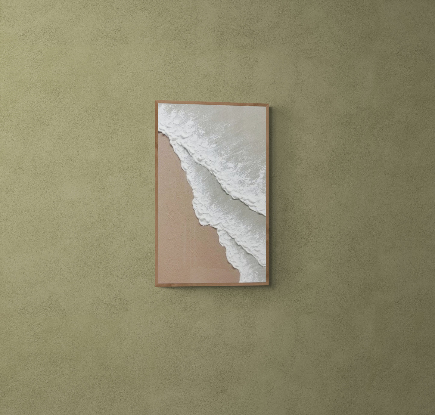 3D texture ,With wooden frame and acrylic paint ,White ocean wave ,Brown coastal  wall decor ,Plaster art texture ,Sea beach relief