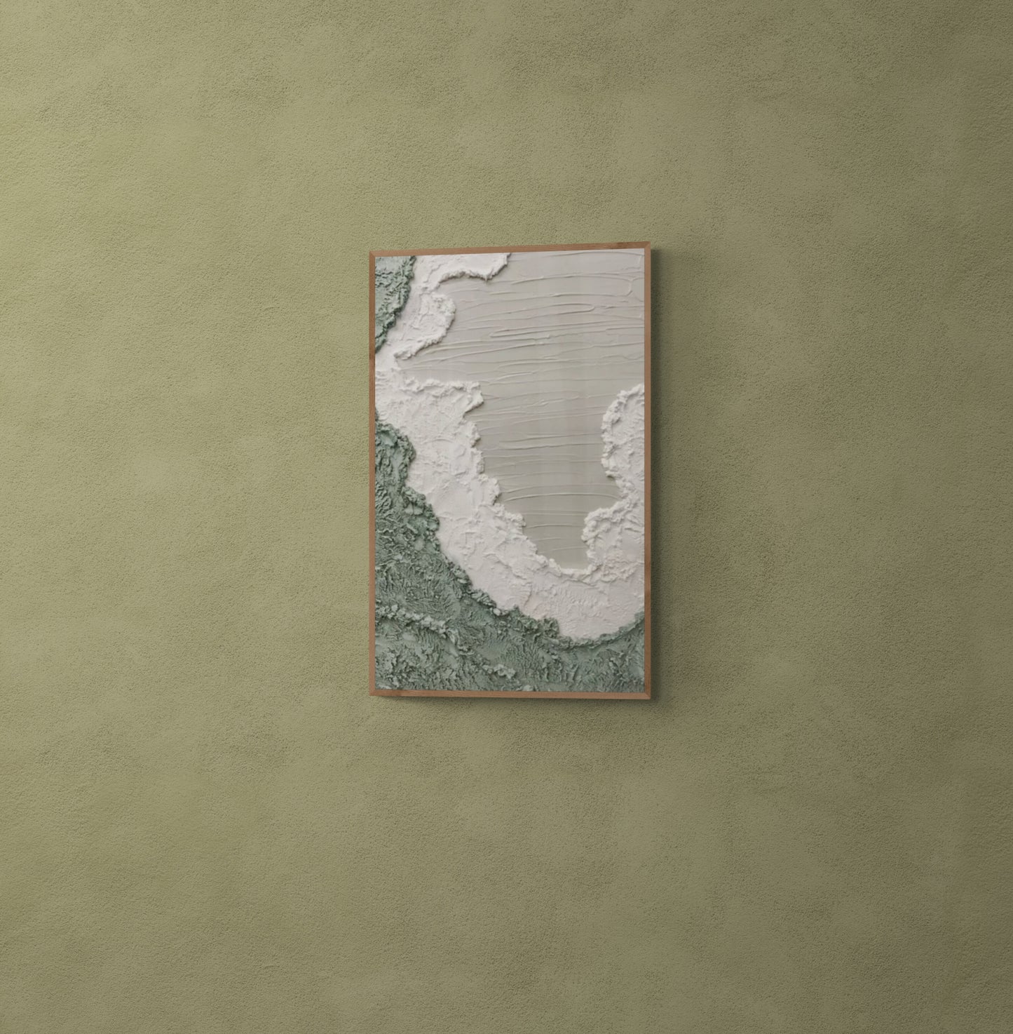Heavy relief art ,Green ocean wave ,Gray coastal  wall decor ,Abstract handmade wall art ,With wooden frame and acrylic paint