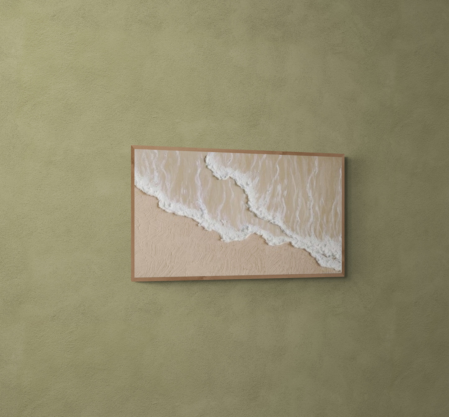 3D texture ,With wooden frame and acrylic paint ,White ocean wave ,Brown coastal  wall decor ,Plaster art texture ,Sea beach relief