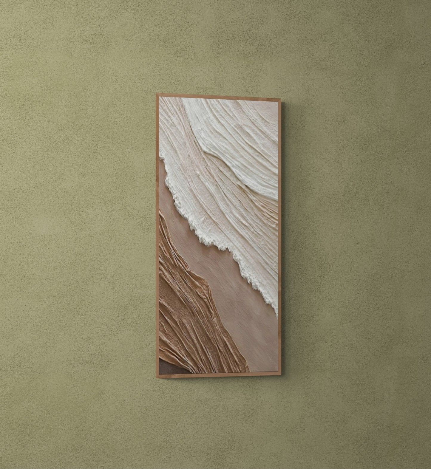 3D texture ,With wooden frame and acrylic paint ,White ocean wave ,Brown coastal  wall decor ,Plaster art texture ,Sea beach relief