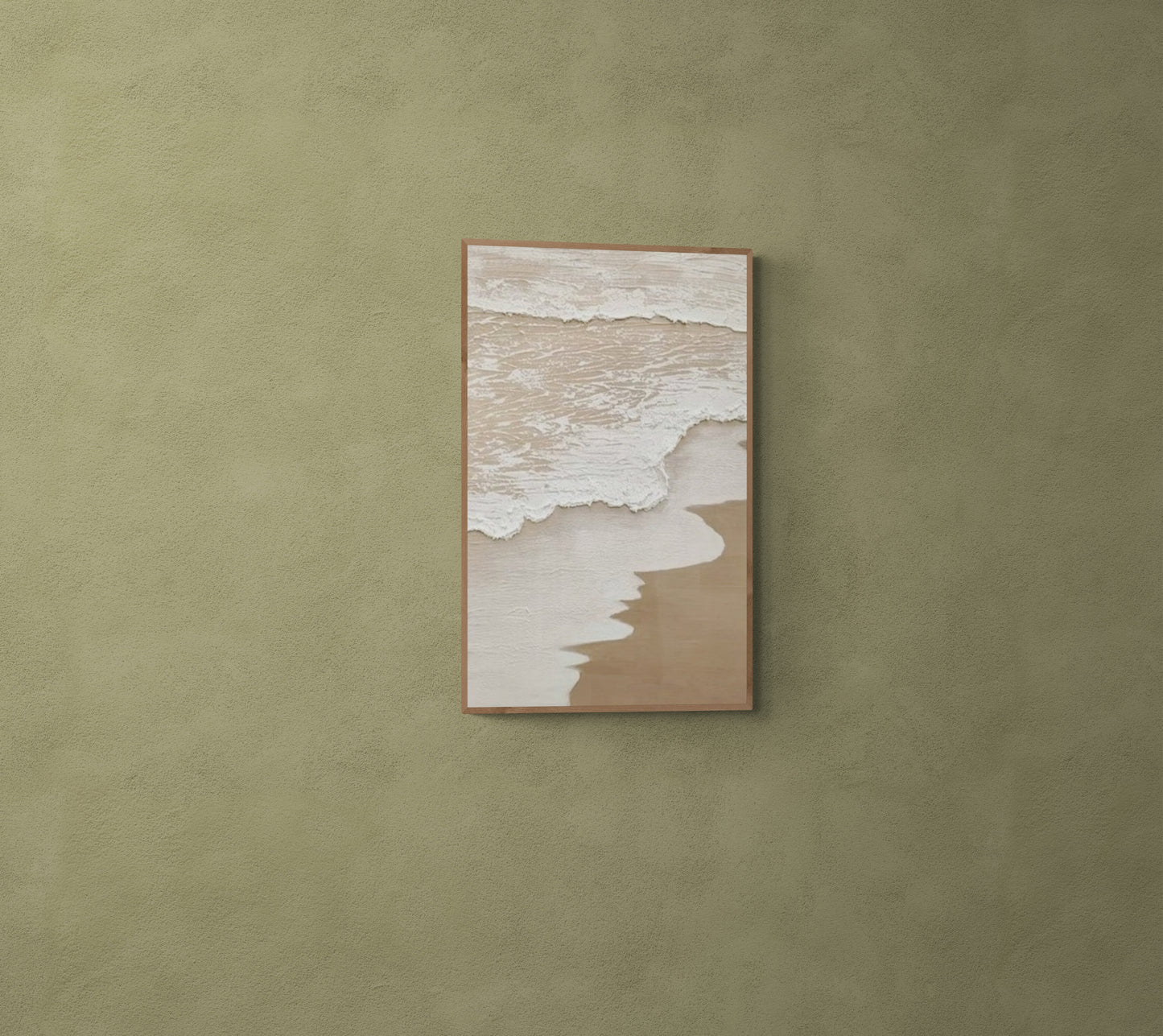 Original abstract relief ,Minimal art texture, With wooden frame and acrylic paint, Ocean wave landscape ,White ocean wave ,Brown coastal