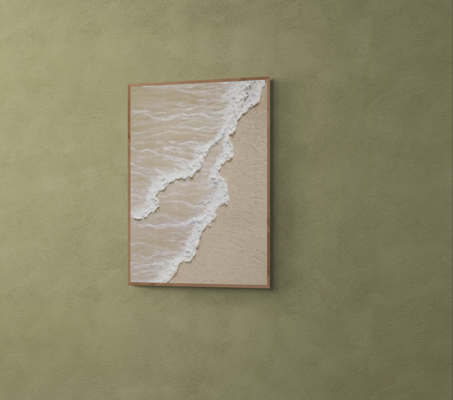 3D texture ,With wooden frame and acrylic paint ,White ocean wave ,Brown coastal  wall decor ,Plaster art texture ,Sea beach relief