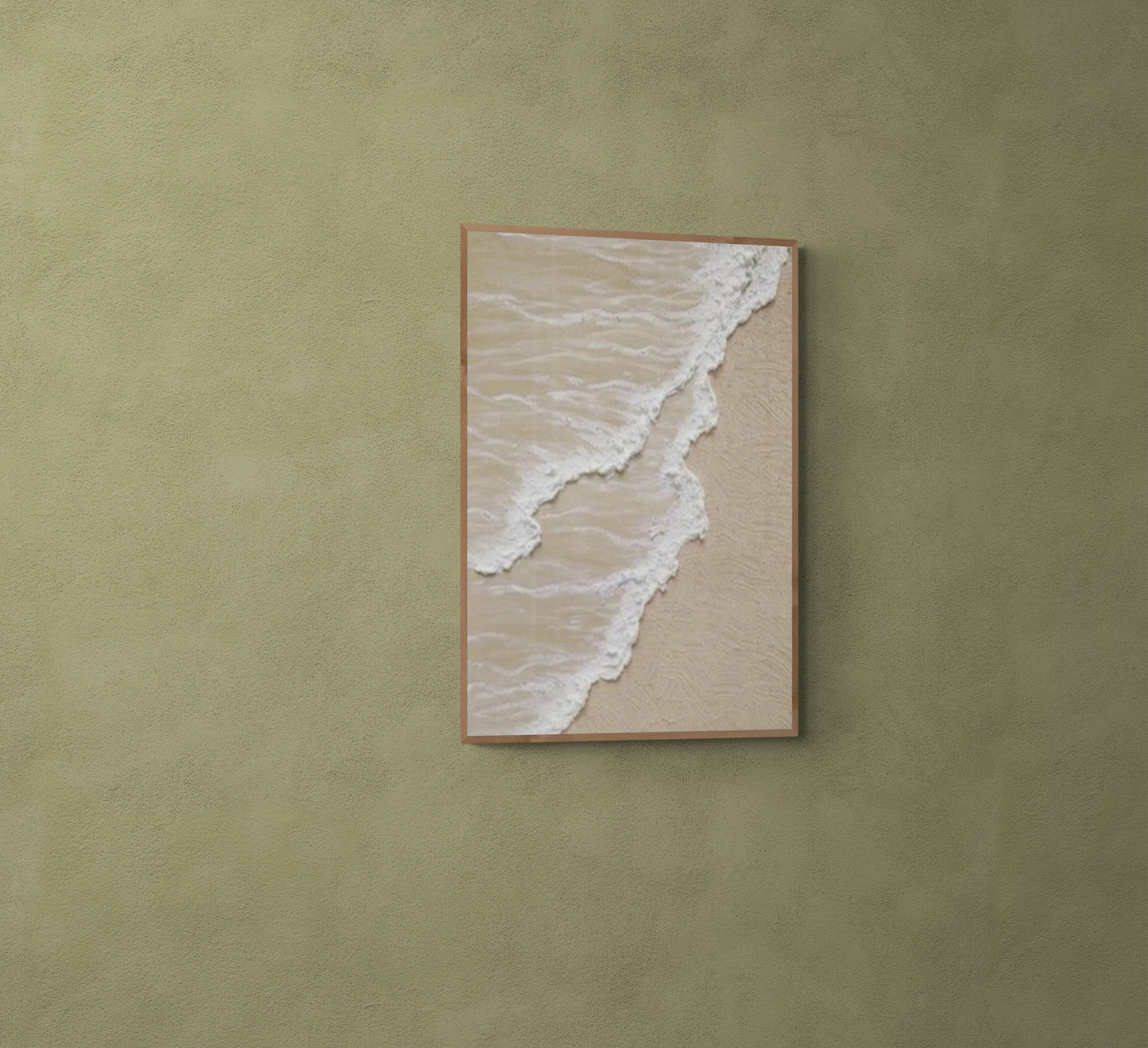 3D texture ,With wooden frame and acrylic paint ,White ocean wave ,Brown coastal  wall decor ,Plaster art texture ,Sea beach relief