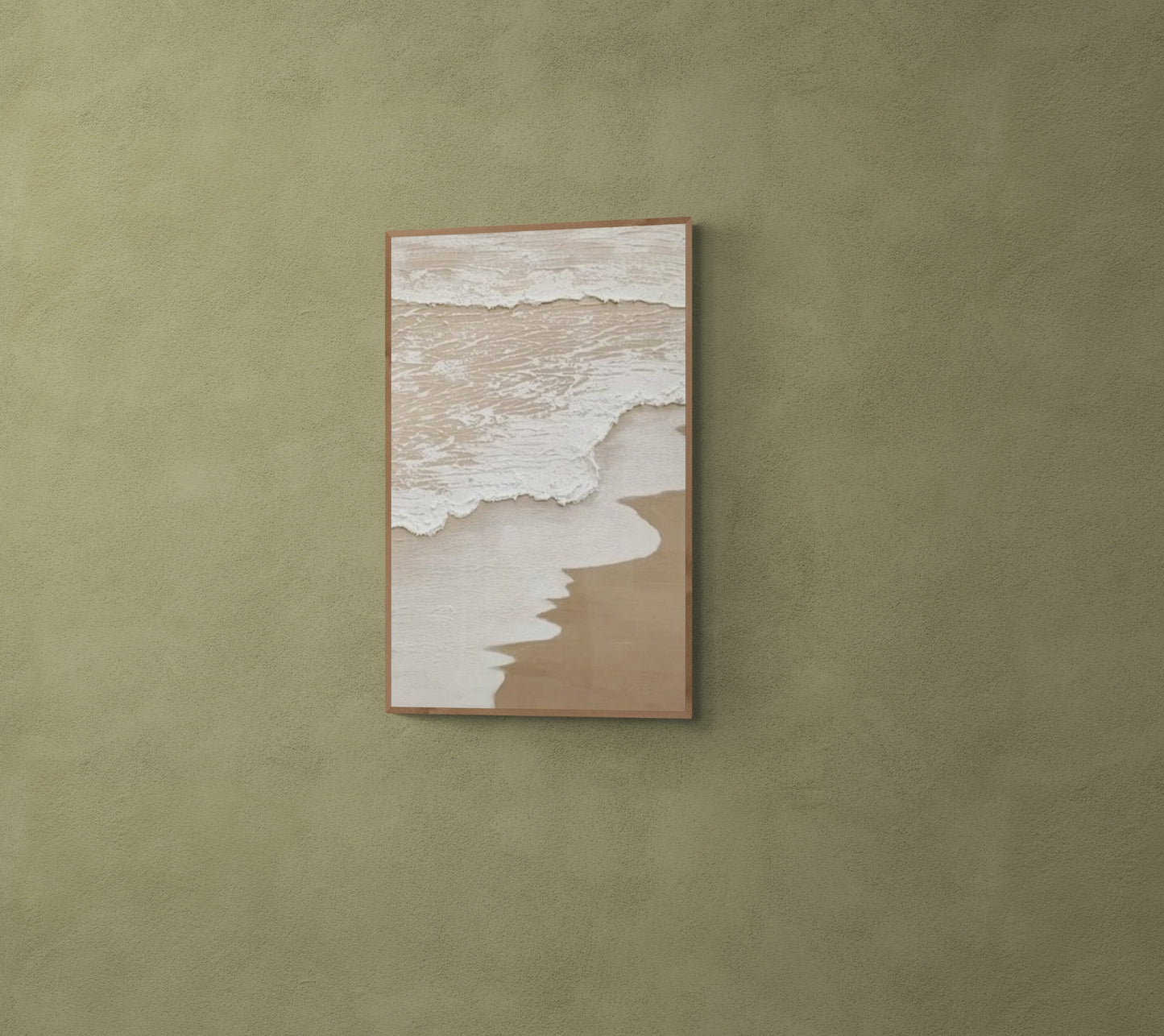 Original abstract relief ,Minimal art texture, With wooden frame and acrylic paint, Ocean wave landscape ,White ocean wave ,Brown coastal