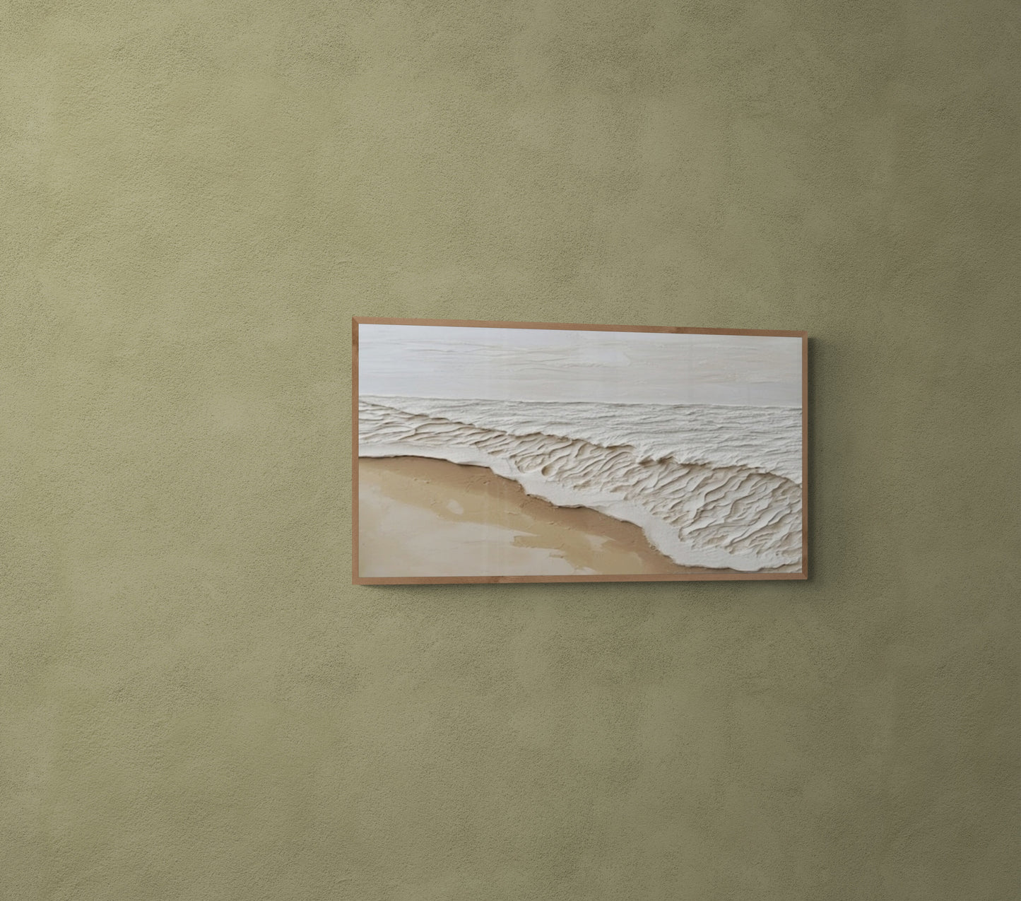 Original abstract relief ,Minimal art texture, With wooden frame and acrylic paint, Ocean wave landscape ,White ocean wave ,Brown coastal