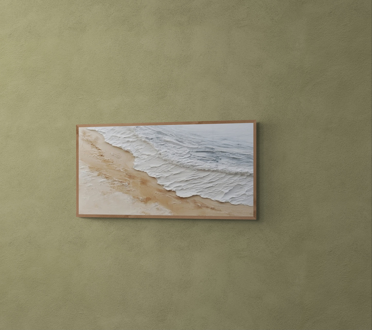 Original abstract relief ,Minimal art texture, With wooden frame and acrylic paint, Ocean wave landscape ,White ocean wave ,Brown coastal