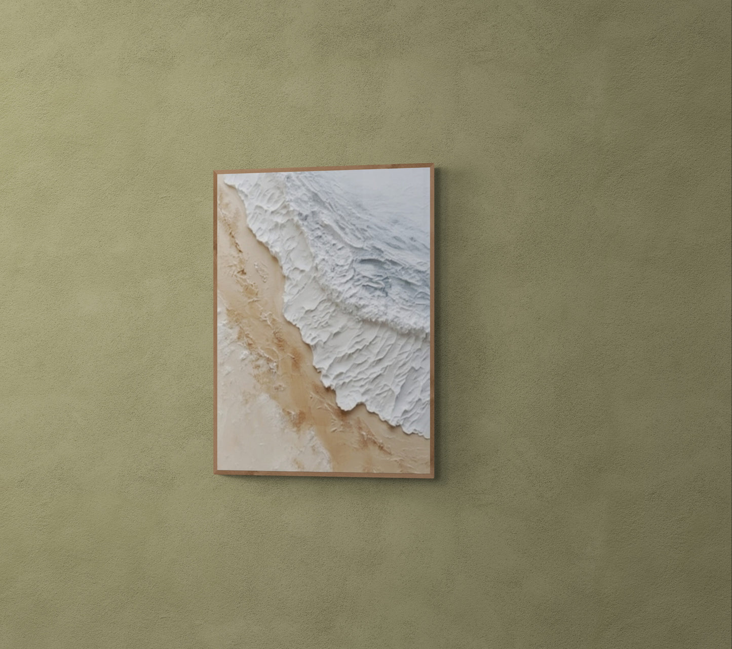 3D texture ,With wooden frame and acrylic paint ,White ocean wave ,Brown coastal  wall decor ,Plaster art texture ,Sea beach relief