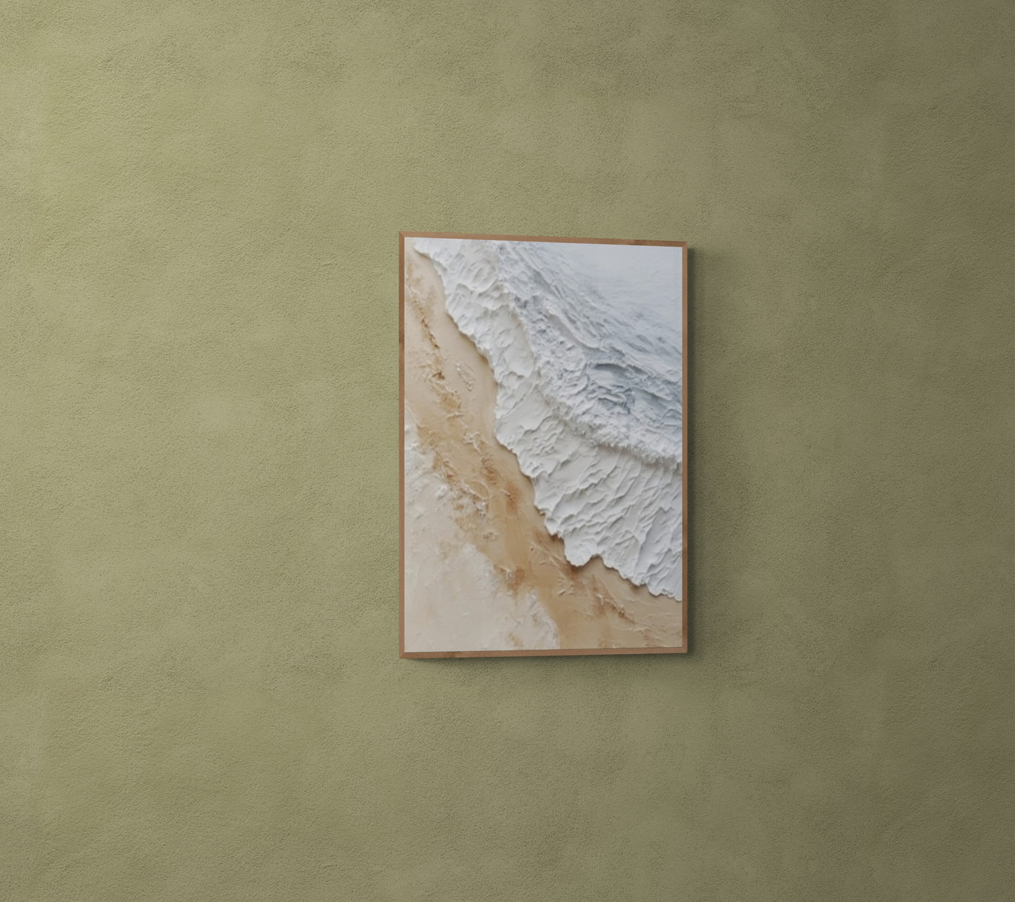 3D texture ,With wooden frame and acrylic paint ,White ocean wave ,Brown coastal  wall decor ,Plaster art texture ,Sea beach relief