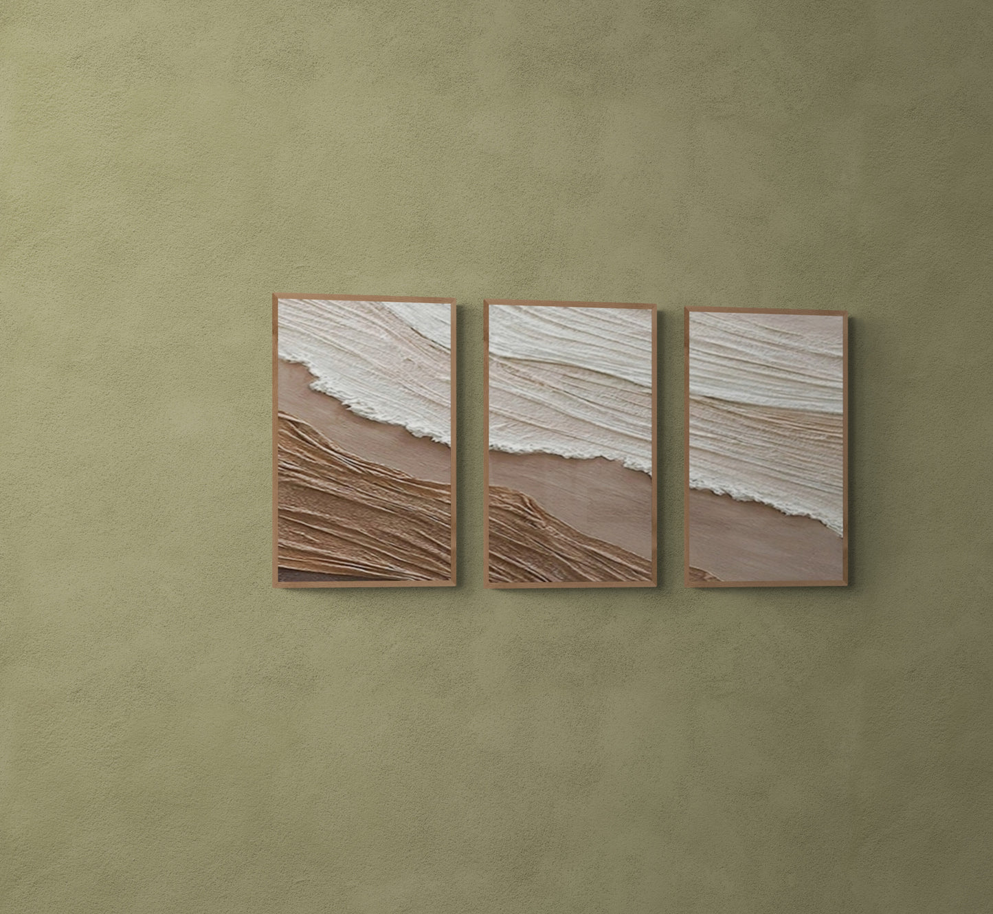 3 pieces ,With wooden frame and acrylic paint ,Boho textured wall ,Brown ocean wave ,Brown coastal  wall decor ,Sea wall art