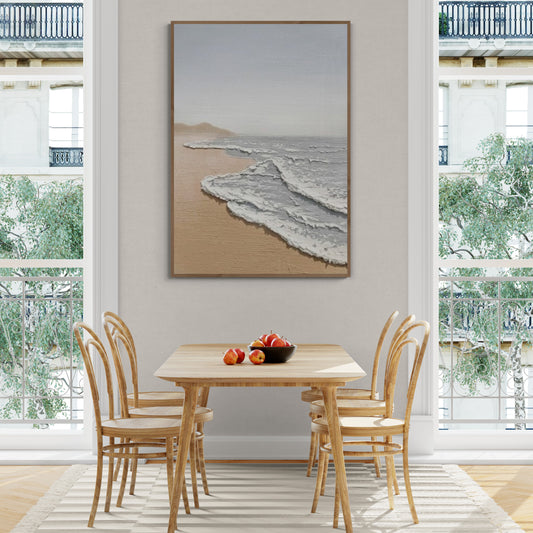 Original abstract relief ,Minimal art texture, With wooden frame and acrylic paint, Ocean wave landscape ,White ocean wave ,Brown coastal