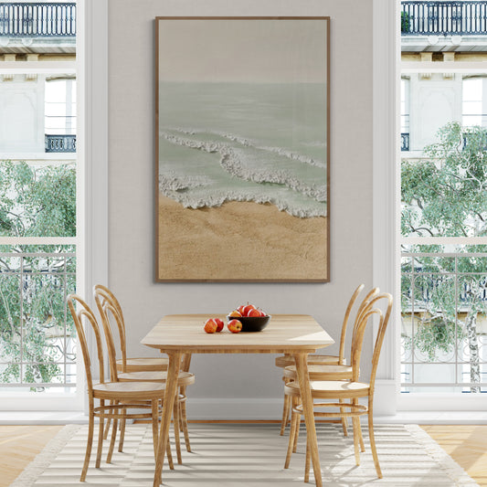 Original abstract relief ,Minimal art texture, With wooden frame and acrylic paint, Ocean wave landscape ,White ocean wave ,Brown coastal