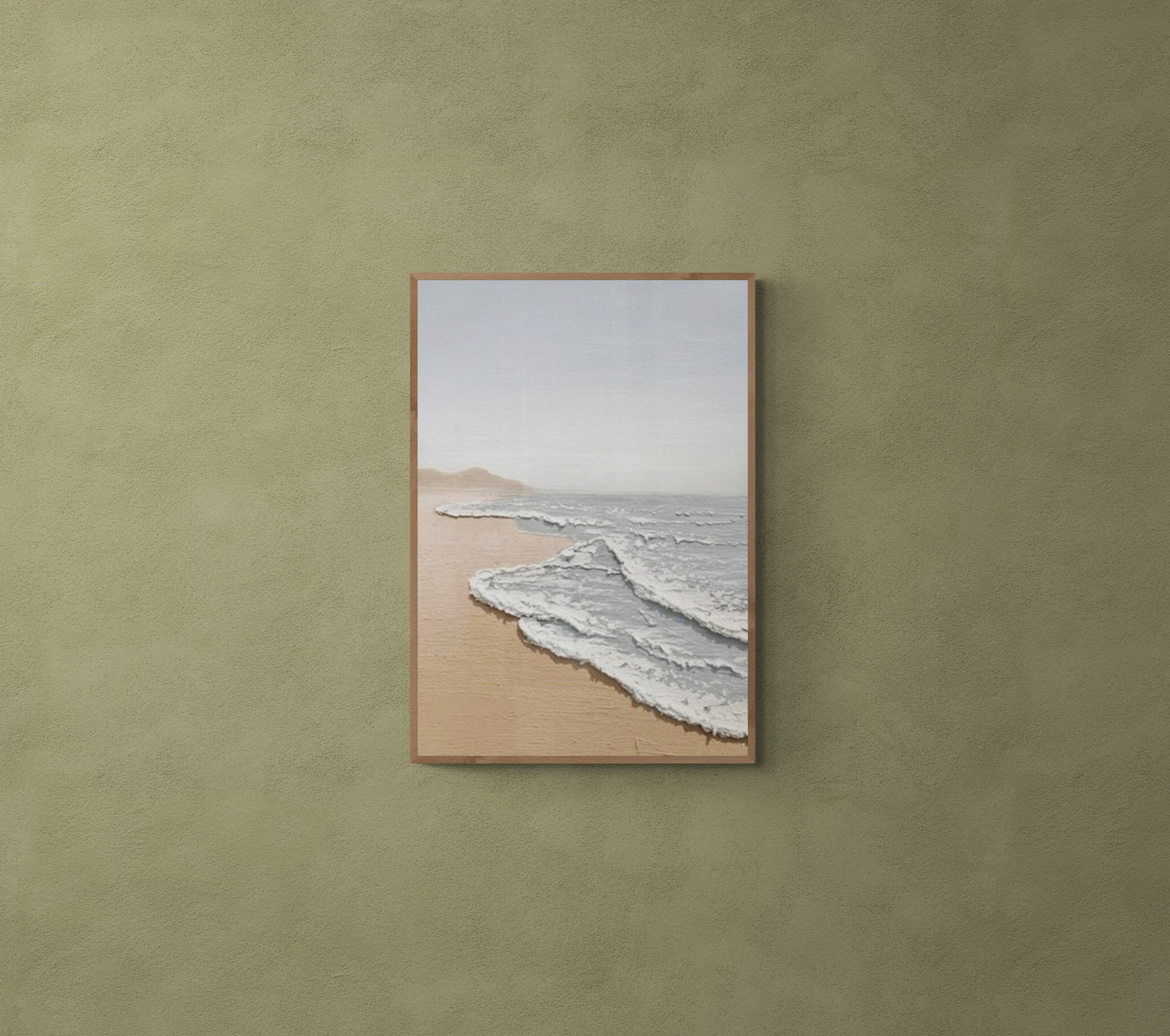 Original abstract relief ,Minimal art texture, With wooden frame and acrylic paint, Ocean wave landscape ,White ocean wave ,Brown coastal