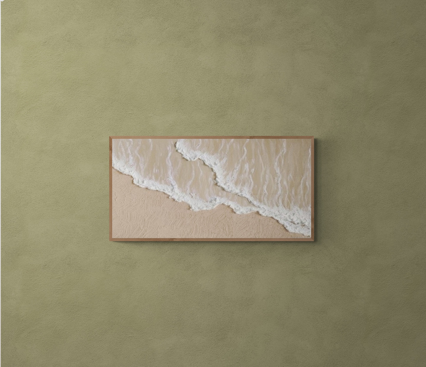 3D texture ,With wooden frame and acrylic paint ,White ocean wave ,Brown coastal  wall decor ,Plaster art texture ,Sea beach relief