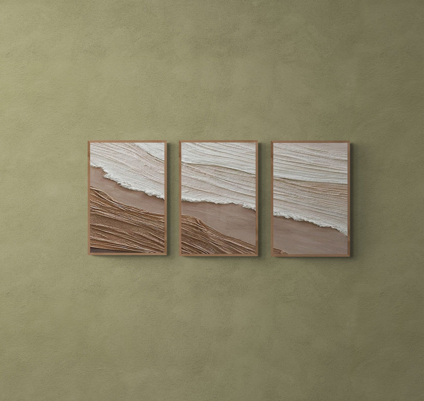 3 pieces ,With wooden frame and acrylic paint ,Boho textured wall ,Brown ocean wave ,Brown coastal  wall decor ,Sea wall art