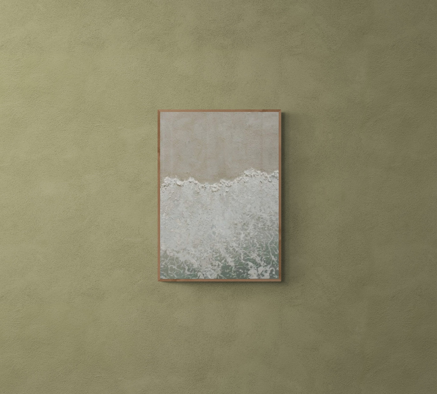 Heavy relief art ,Green and White ocean wave ,Brown coastal  wall decor , Abstract handmade wall art ,With wooden frame and acrylic paint