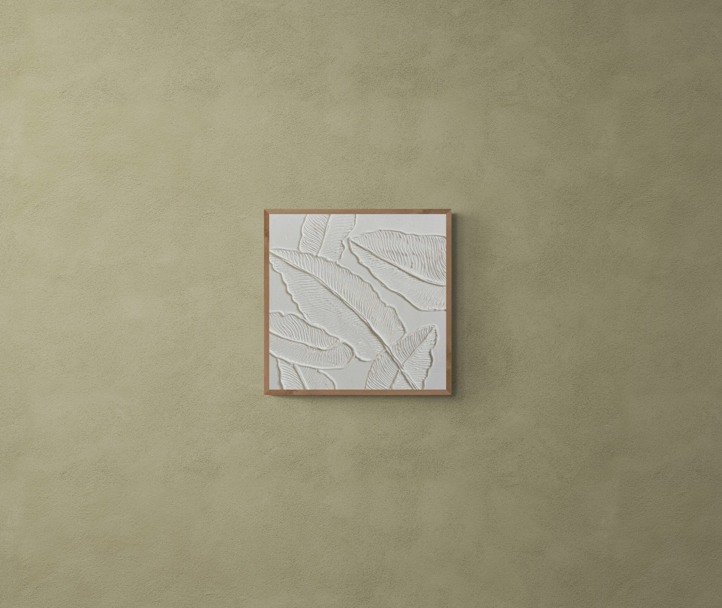 Minimalist white leaves ,Original abstract relief ,With wooden frame and acrylic paint ,Boho textured wall