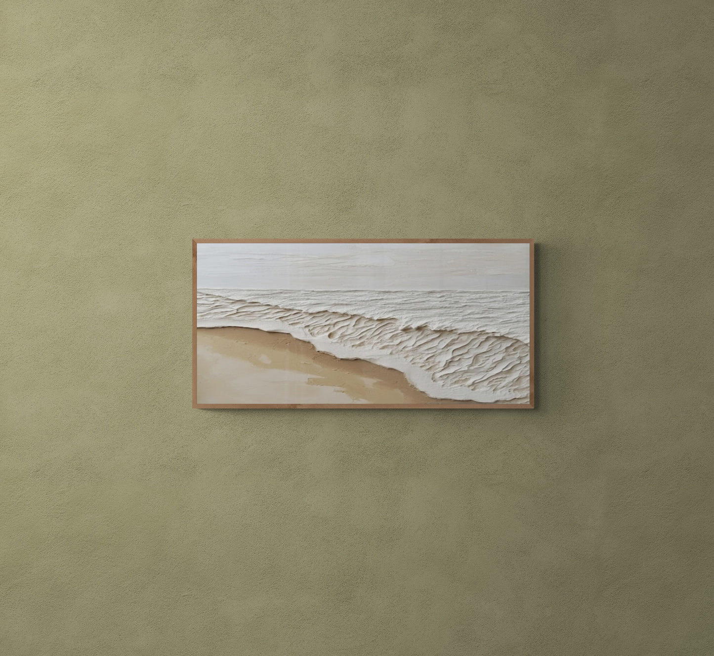 Original abstract relief ,Minimal art texture, With wooden frame and acrylic paint, Ocean wave landscape ,White ocean wave ,Brown coastal