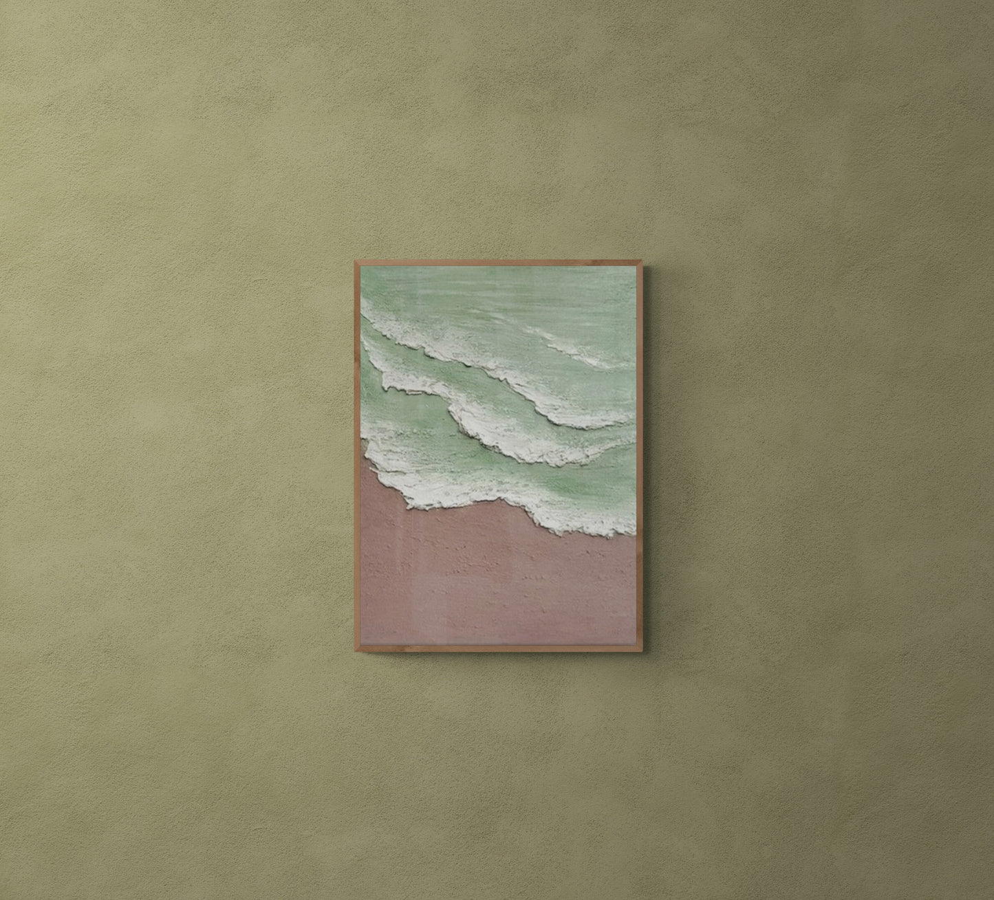 Heavy relief art ,Green ocean wave ,Brown ,coastal wall decor ,Abstract handmade wall art ,With wooden frame and acrylic paint