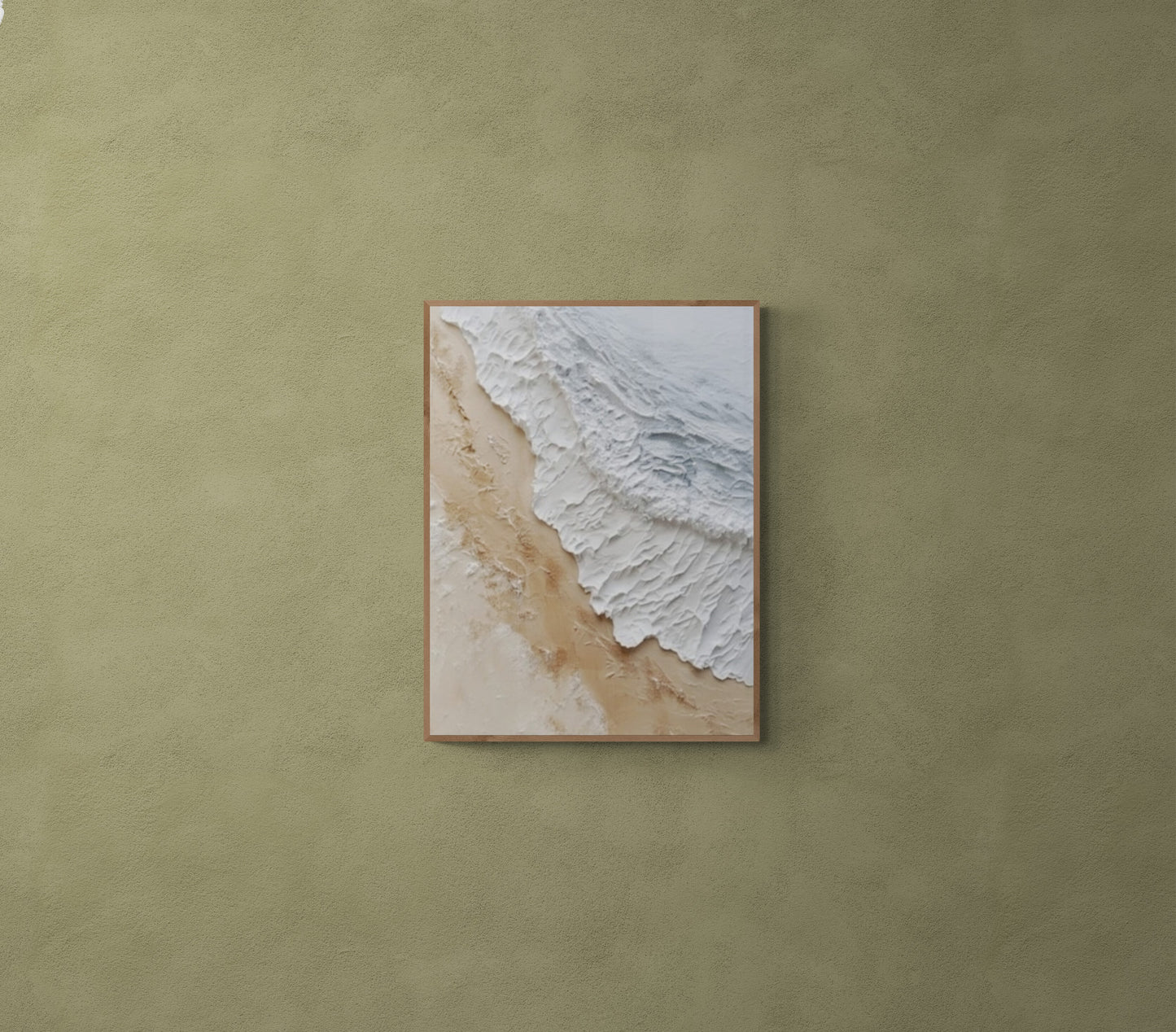3D texture ,With wooden frame and acrylic paint ,White ocean wave ,Brown coastal  wall decor ,Plaster art texture ,Sea beach relief