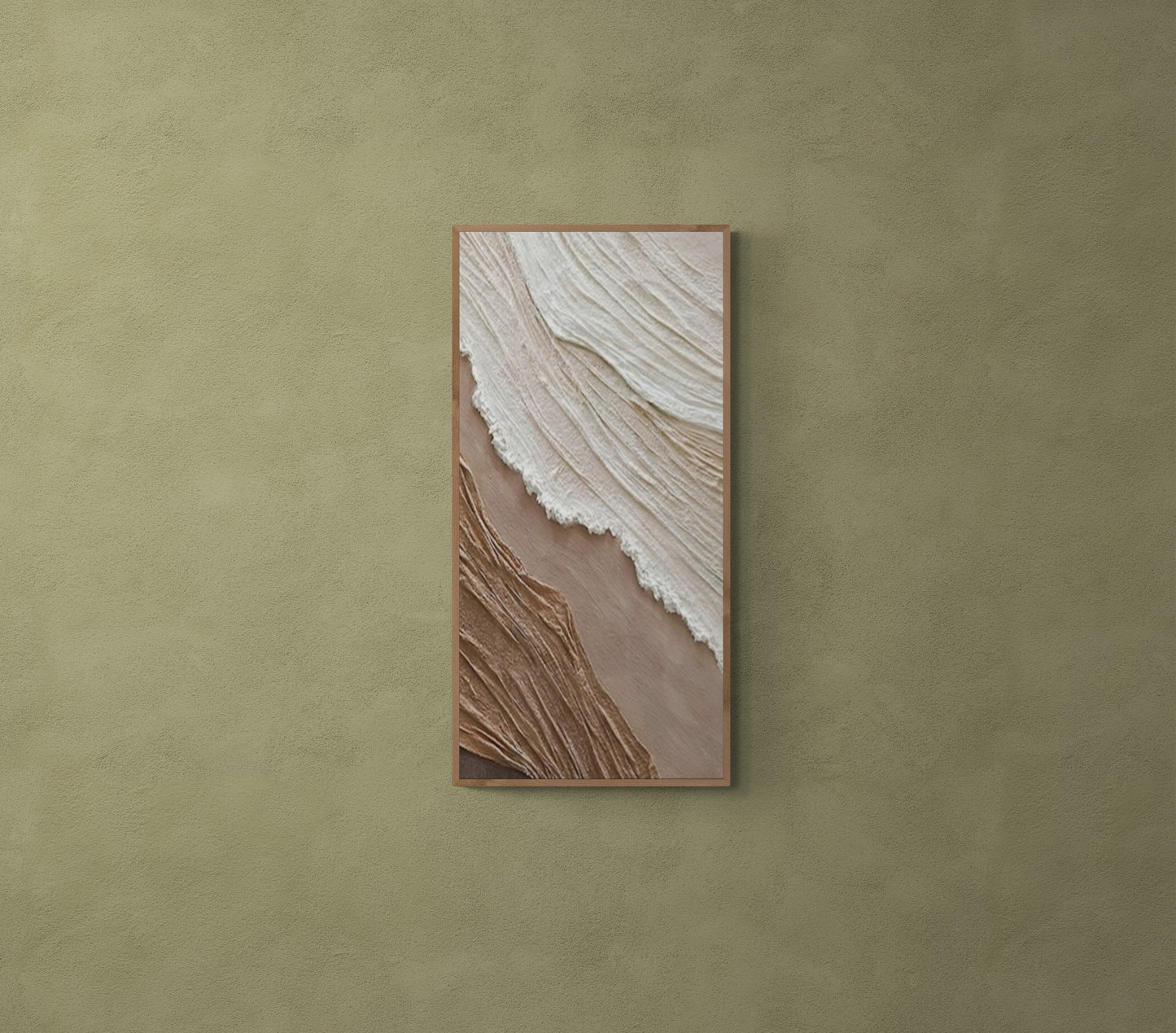 3D texture ,With wooden frame and acrylic paint ,White ocean wave ,Brown coastal  wall decor ,Plaster art texture ,Sea beach relief