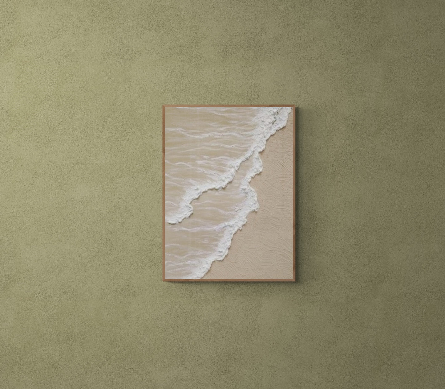 3D texture ,With wooden frame and acrylic paint ,White ocean wave ,Brown coastal  wall decor ,Plaster art texture ,Sea beach relief