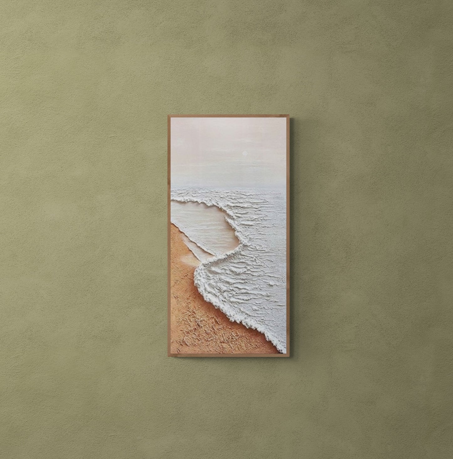 Original abstract relief ,Minimal art texture, With wooden frame and acrylic paint, Ocean wave landscape ,White ocean wave ,Brown coastal