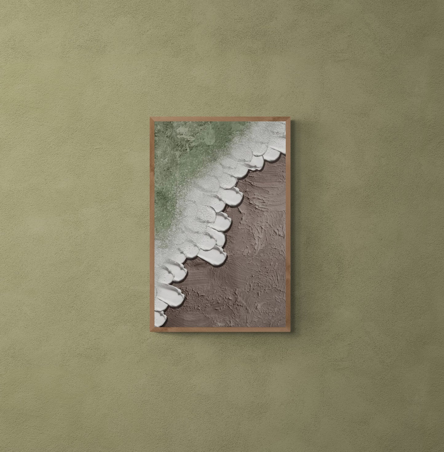 Heavy relief art green ocean wave brown coastal  wall decor ,Abstract handmade wall art , With wooden frame and acrylic paint