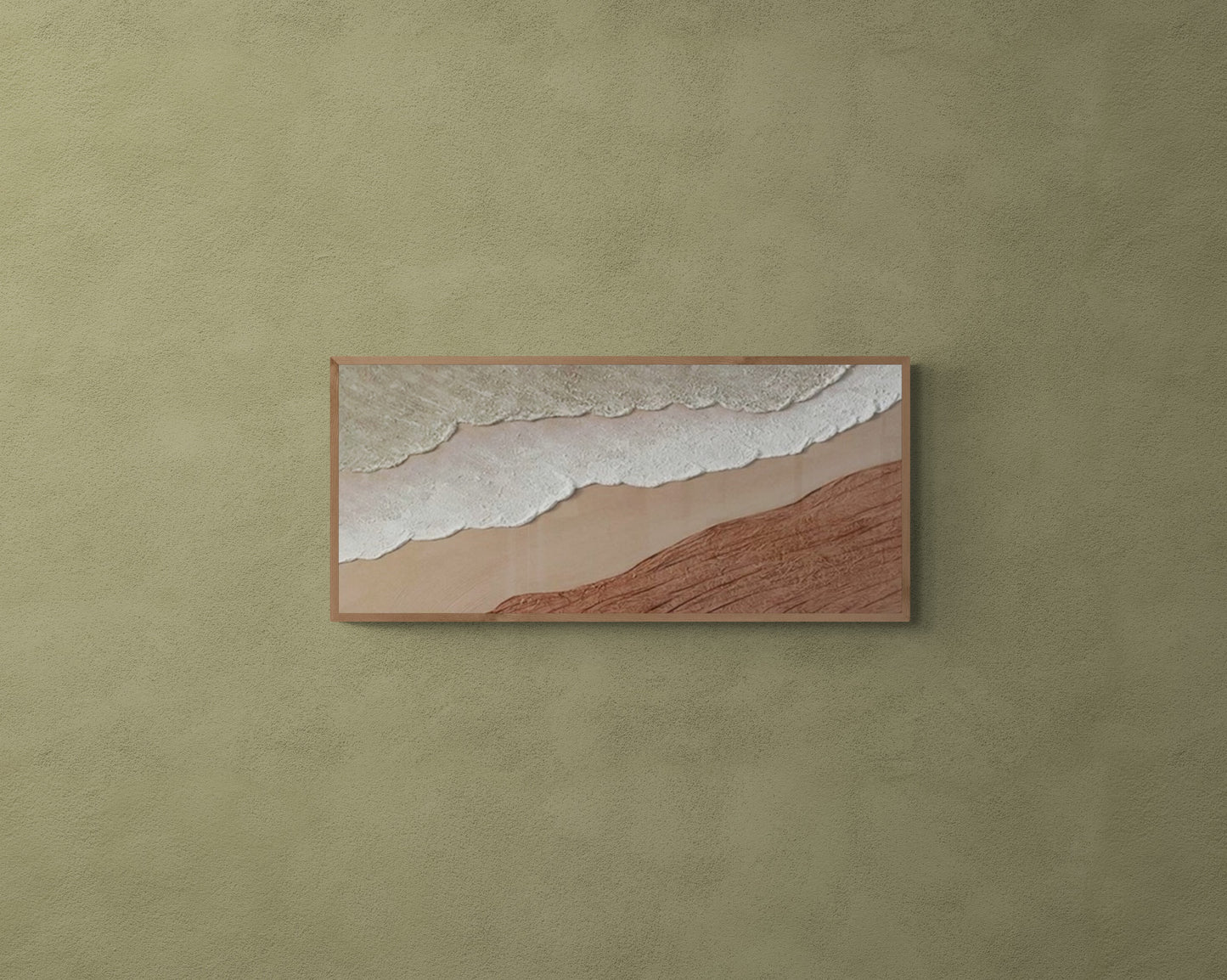 3D texture ,With wooden frame and acrylic paint ,White ocean wave ,Brown coastal  wall decor ,Plaster art texture ,Sea beach relief