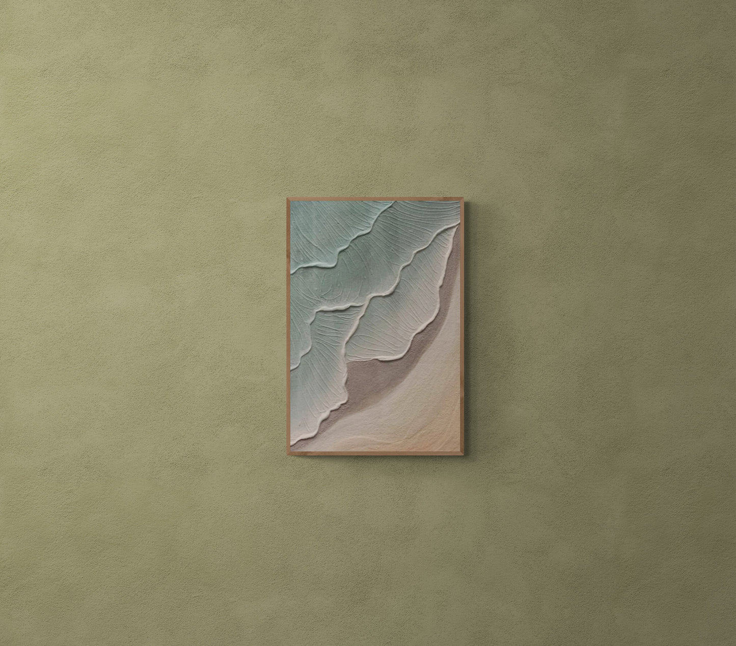 Heavy relief art ,Green ocean wave ,Brown coastal  wall decor ,Abstract handmade wall art ,With wooden frame and acrylic paint